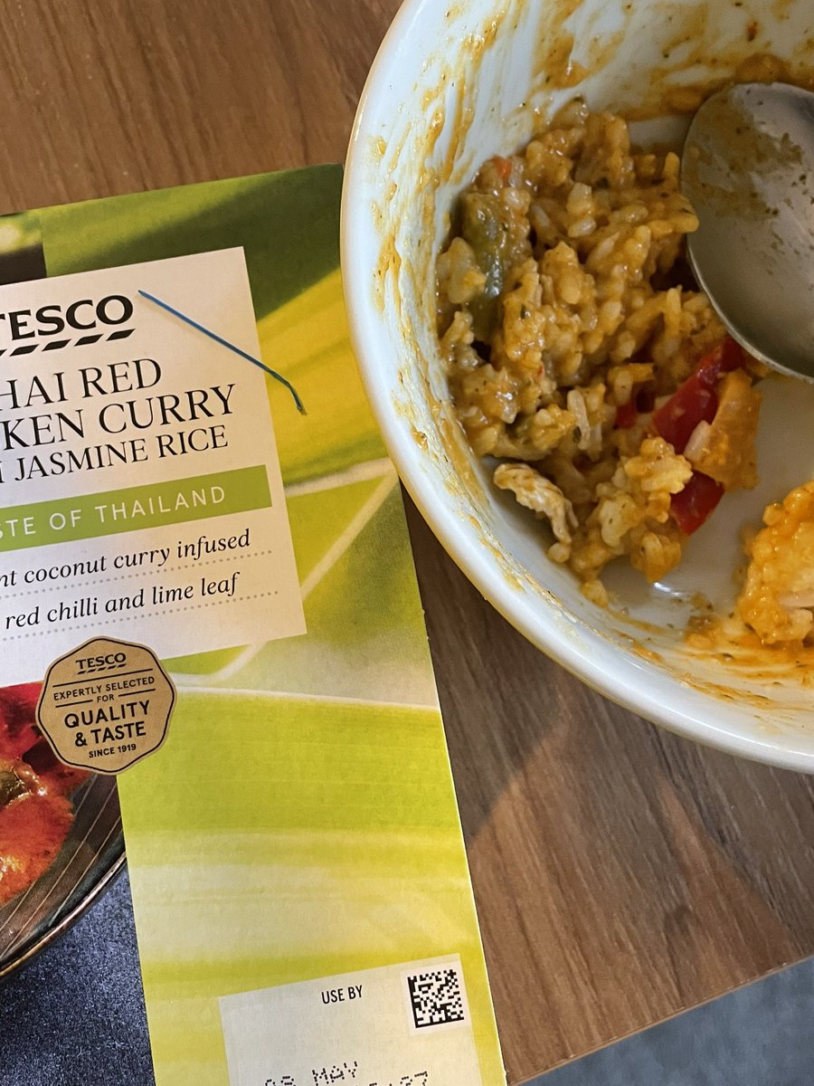 cuzzyok's tweet photo. @Tesco should this piece of blue plastic have been in my meal which luckily i coughed out? https://t.co/pwCRjYU3iE