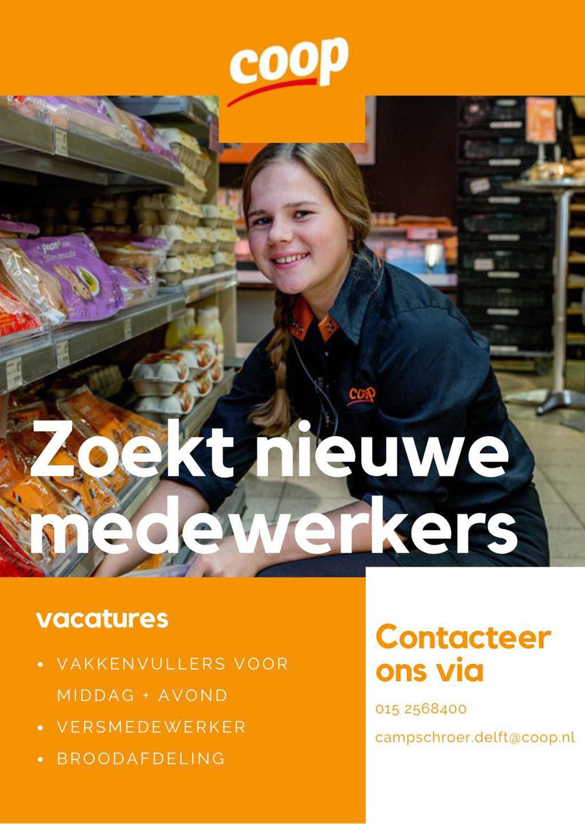 coop wippolder Delft supermarkt.
Heeft plek voor nieuwe collega’s. We hebben plek voor een verkoop medewerkers brood, vers, kassa en een teamleiders. Heb jij interesse in 1 van deze functie solliciteer dan via de site werkenbijcoop.nl/?location=delft of mail coopwippolder@Gmail.com