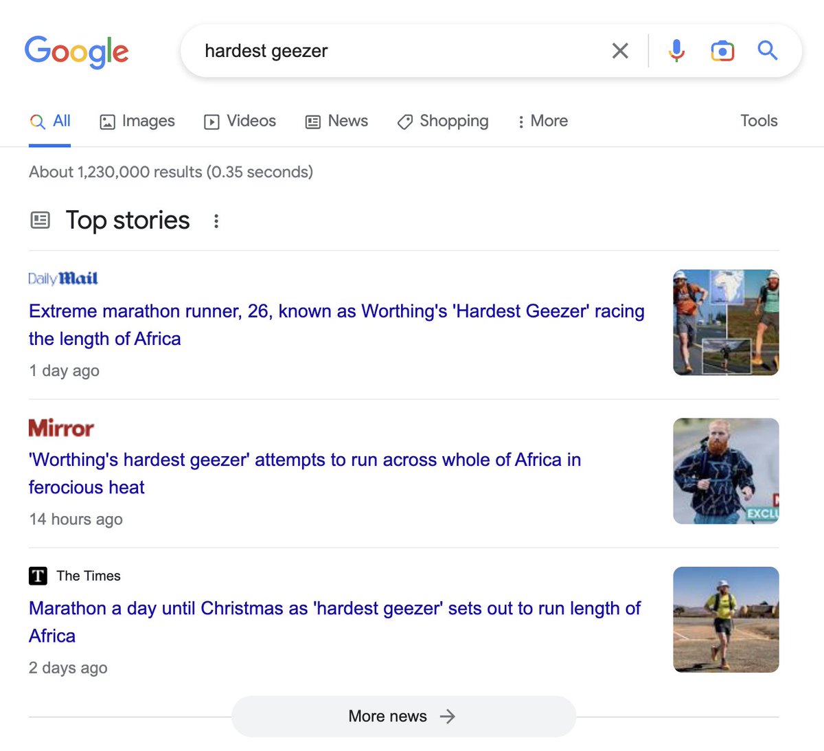 The hardest geezer is the people's champ

It's an absolute no brainer for a brand to get involved and support this man

Since starting to run the length of Africa 13 days ago:
- he's grown 26k followers (Twitter alone)
- and 1,000,000+ people tune into daily updates
- papers