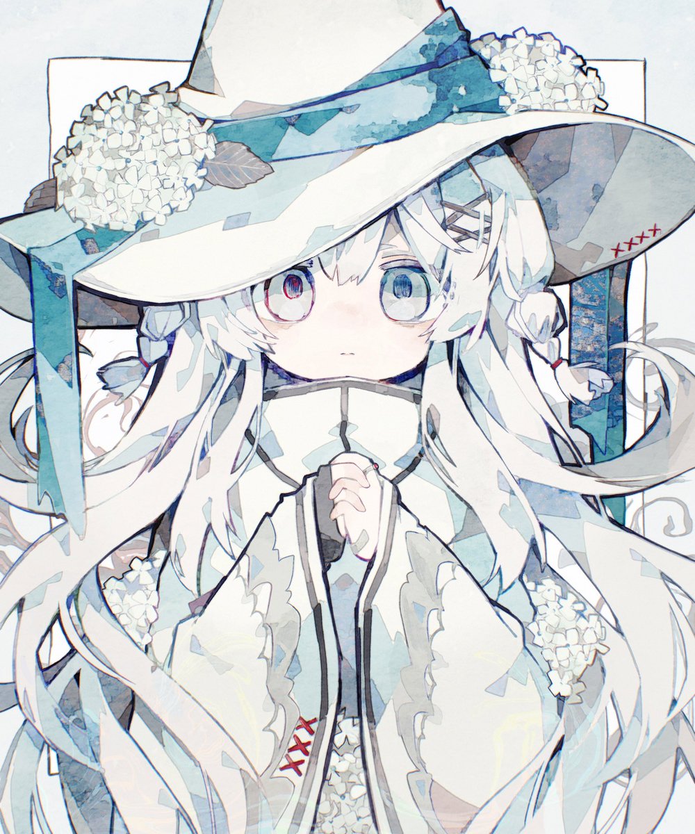 hat 1girl solo flower witch hat white hair long hair  illustration images