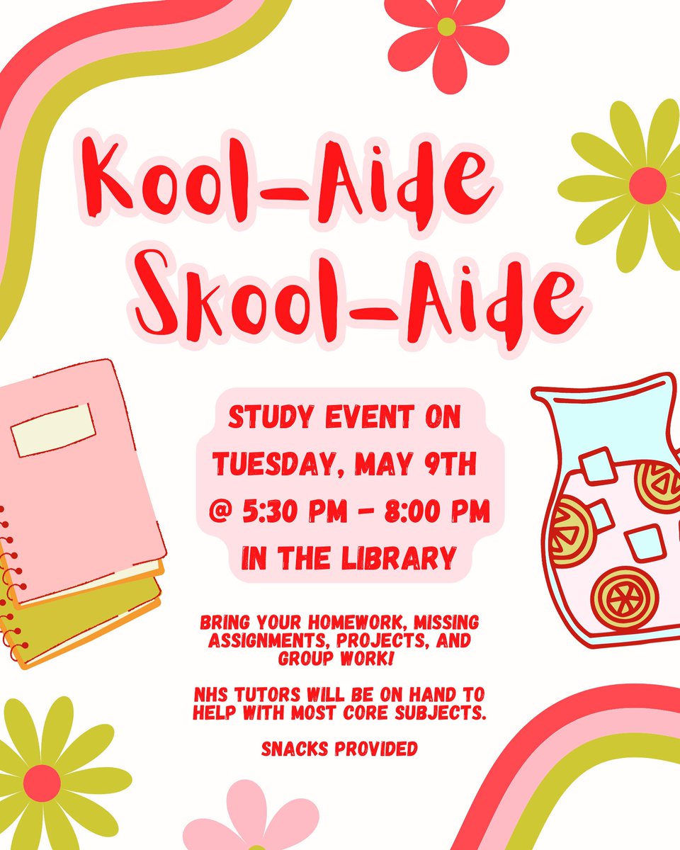 Kool-Aide Skool-Aide will be held Tuesday May 9th in the LHS library from 5:30 until 8 pm.  NHS tutors, quiet locations for you to work, locations to work in groups, Wi-Fi, and snacks! <a href="/PeteTweets453/">Leavenworth USD 453</a> <a href="/LVJamesV/">James Vanek</a> <a href="/LVStuCo/">Leavenworth StuCo</a> <a href="/LVPioneers/">Leavenworth Athletics</a>