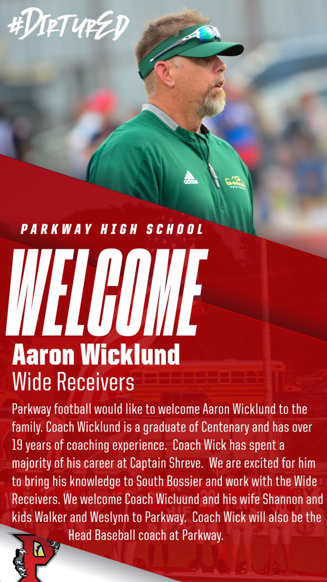 #DirtyRed Football (@parkwayfootball) on Twitter photo Help us welcome Aaron Wicklund to Parkway.  Coach Wicklund will be the Head Baseball Coach and coach WR’s. Help us welcome Aaron Wicklund to Parkway.  Coach Wicklund will be the Head Baseball Coach and coach WR’s.