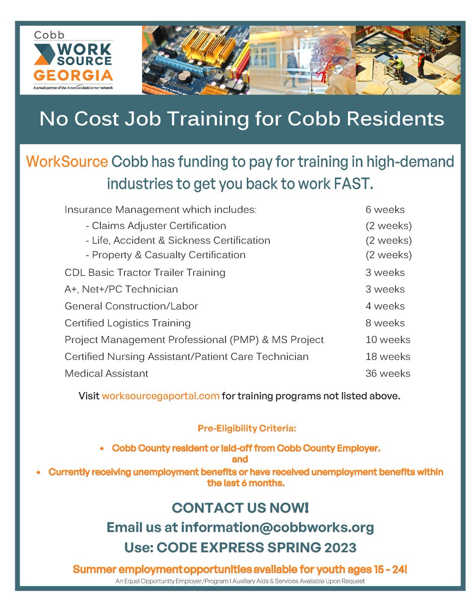 Join us for No Cost Job Training for Cobb County Residents! Learn skills in high-demand industries to get you back to work.

#insurancemanagement #CDL #generalconstruction #projectmanagement #freejobtraining #cobbcounty #cobbcountyresidents