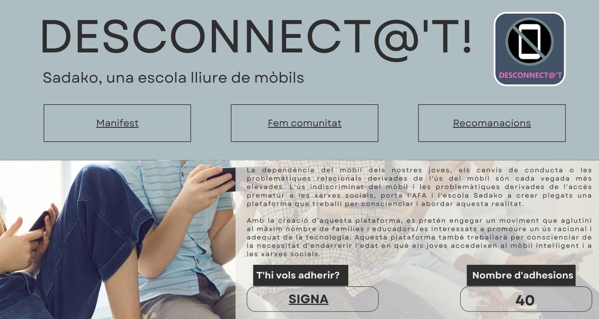 Desconnect@_t (@des_connectat) on Twitter photo La plataforma <a href="/des_connectat/">Desconnect@_t</a> 
engeguem una campanya de conscienciació per l'ús racional de la tecnologia en infants i joves. Adhereix-te al nostre manifest. desconnecta-t.my.canva.site #escolalliuredemobils La plataforma <a href="/des_connectat/">Desconnect@_t</a> 
engeguem una campanya de conscienciació per l'ús racional de la tecnologia en infants i joves. Adhereix-te al nostre manifest. desconnecta-t.my.canva.site #escolalliuredemobils