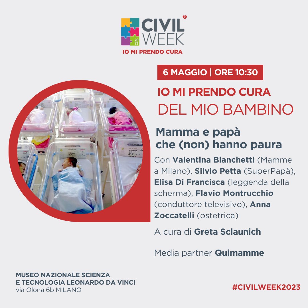 Ci vediamo domani mattina al Museo della Scienza a Milano, per la #CivilWeek ci sarà un bellissimo evento festoso per tutti i #genitori:
IO MI PRENDO CURA DEL MIO BAMBINO
Venite con i vostri bambini, vi aspettiamo! 
A cura di <a href="/gretascl/">Greta Sclaunich</a> <a href="/CorriereBN/">CorriereBuoneNotizie</a> #CIVILWEEK2023 #bambiniaMilano