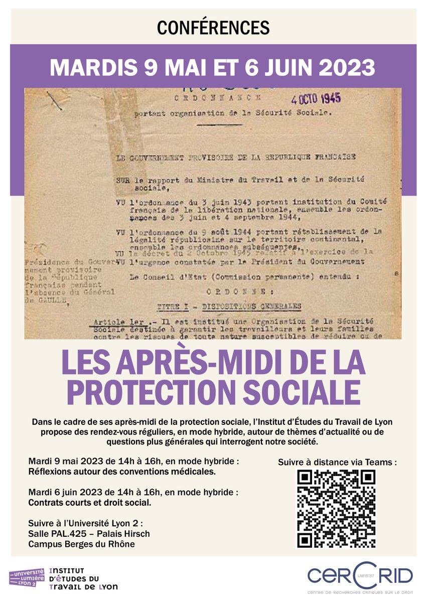 CERCRID UMR 5137 (@cercrid_umr5137) on Twitter photo Les après-midi de la protection sociale - séance 1 : Réflexions autour des conventions médicales. Conférence hybride organisée par l’IETL et le <a href="/CERCRID_UMR5137/">CERCRID UMR 5137</a>. Mardi 9 mai de 14h à 16h à l'<a href="/univ_lyon2/">Université Lumière Lyon 2</a>, Campus Berges du Rhône, salle PAL425. +d'infos : bit.ly/44Bw1Uv Les après-midi de la protection sociale - séance 1 : Réflexions autour des conventions médicales. Conférence hybride organisée par l’IETL et le <a href="/CERCRID_UMR5137/">CERCRID UMR 5137</a>. Mardi 9 mai de 14h à 16h à l'<a href="/univ_lyon2/">Université Lumière Lyon 2</a>, Campus Berges du Rhône, salle PAL425. +d'infos : bit.ly/44Bw1Uv