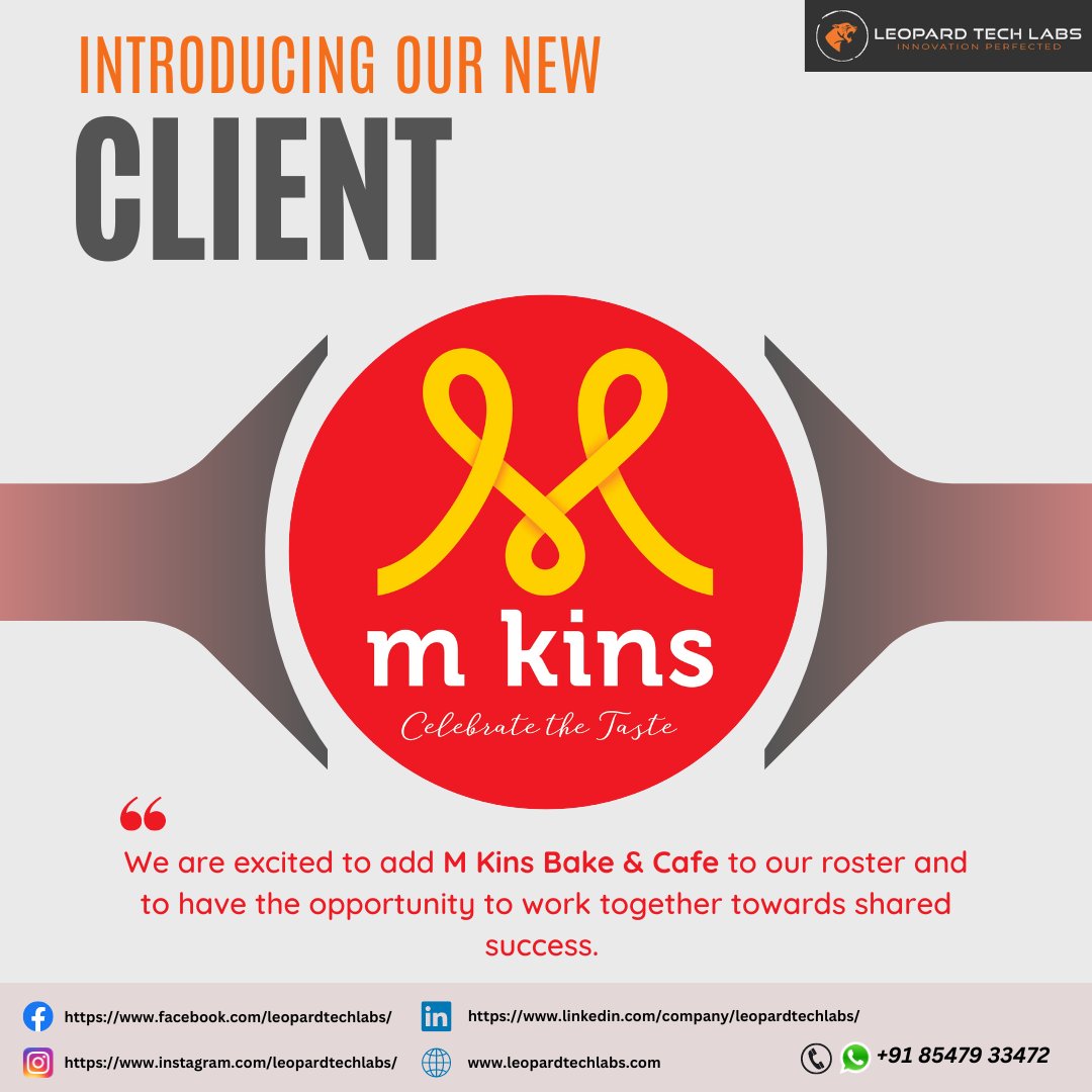 leopardtechlabs's tweet photo. We are thrilled to announce that M Kins Bake &amp; Cafe has joined our family of clients! 

We are honored to support their mission and partner with them to help grow their business.

#MkinsBakeCafe #NewClient #Partnership #Leopardtechlabs #business #help #customerservice #clients https://t.co/xCfp466Kmo