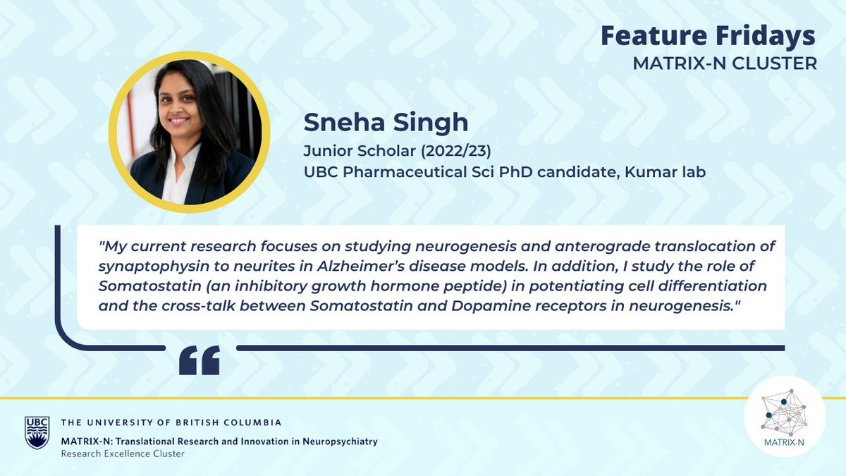 MatrixN_UBC's tweet photo. Junior scholar @SnehaSingh687 was recently awarded the UBC Friedman Award for Scholars in Health and 2023 UBC Killam GTA Award. @KillamTrusts @ubcpharmacy @DMCBrainHealth

Sneha will be soon be travelling to Barcelona, Spain to conduct research at @CRGenomica. Congratulations! https://t.co/32UokU18jZ