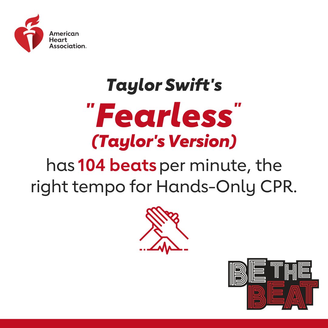Be #Fearless because you know the 2 steps of Hands-Only CPR. If you see a teen or adult suddenly collapse, call 911, then push hard &amp; fast in the center of the chest at a rate of 100-120 beats per minute. #TSTheErasTour <a href="/taylorswift13/">Taylor Swift</a>