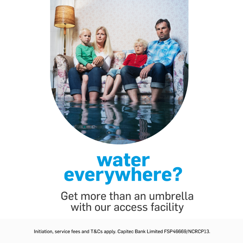 CapitecBankSA's tweet photo. Don't let life rain on your parade. Plug the leaks with revolving credit for what you need. Apply now.