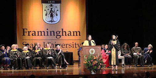 FraminghamU's tweet photo. It's official! @PresidentNiemi has been sworn in as the 17th President of Framingham State University! Welcome to the #fRAMily! https://t.co/hisvHA0wuw