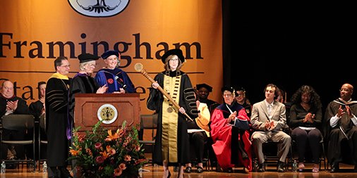 FraminghamU's tweet photo. It's official! @PresidentNiemi has been sworn in as the 17th President of Framingham State University! Welcome to the #fRAMily! https://t.co/hisvHA0wuw