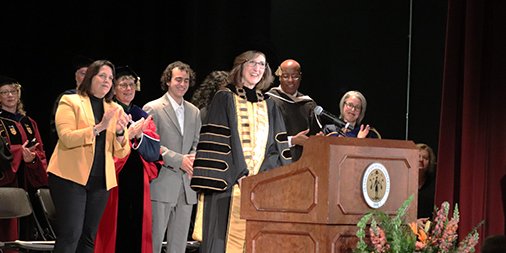 FraminghamU's tweet photo. It's official! @PresidentNiemi has been sworn in as the 17th President of Framingham State University! Welcome to the #fRAMily! https://t.co/hisvHA0wuw