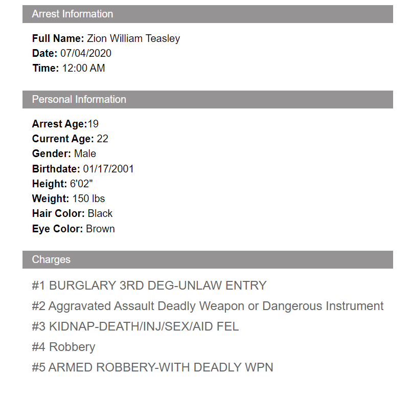 Zion Teasley's arrest info from 2020. #LaurenHeike #NorthPhoenix #Hiking #Murder