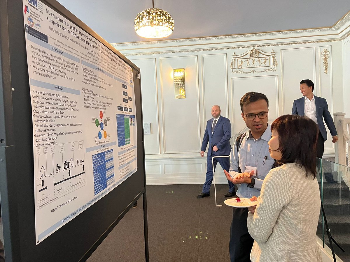 SleAPprogram's tweet photo. Dr. @drbsvrj presents our initial feasibility of the #TRANQUiL Study. Perioperative sleep health as a predictor of patient-centered outcomes. Looking forward to the ongoing recruitment! #ShieldsDay2023
@FrancesChung6 providing thoughts 
#SleAPProgram https://t.co/l0hmMzsk3n