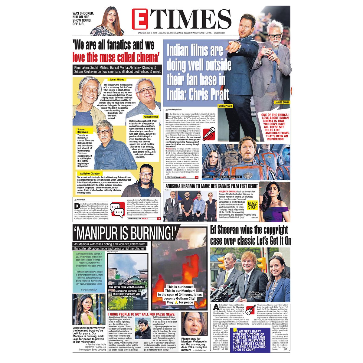 Are you missing #ETimes print edition? Log on to epaper.timesofindia.com to read...
#Nititaylor #sudhirmishra #hansalmehta #abhishekchaubey #sriramraghavan #ficci #chrisspratt #jamesgunn #anushkasharma #cannesfilmfestival #viratkohli #manipurisburning #edsheran #letsititon