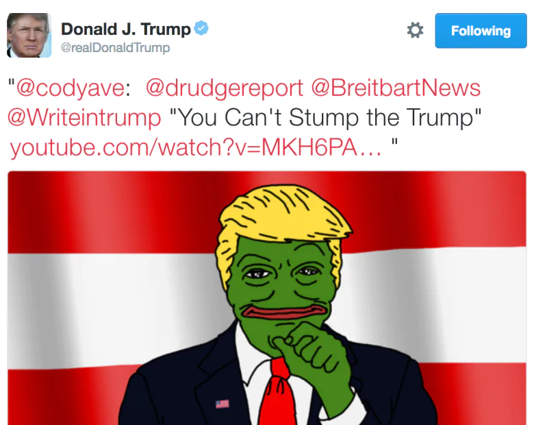 fl0wjoe's tweet photo. Few reasons to grab some $Trump (especially at around $130k mc imo)

- One of the most memeable people alive
- He'll be running for President in 2024
- Trump is associated with $Pepe (see image)
- He will allegedly make a return to Twitter in June (could cause a $Musk effect) https://t.co/CpfRxObQMO