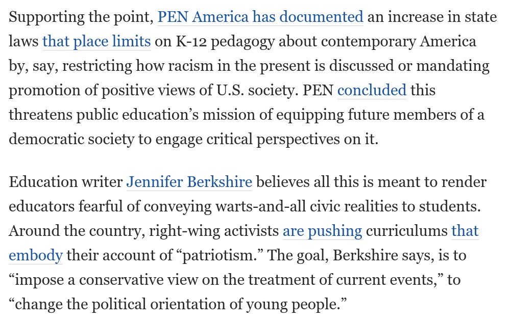 GregTSargent's tweet photo. The real aim of this sort of reactionary attack on school curriculums is to undermine a core goal of public education, the development of civically engaged democratic citizens.

Citing the excellent @BisforBerkshire, who has closely tracked this trend:

https://t.co/XJe3eUSbqV https://t.co/ebd995GTJy