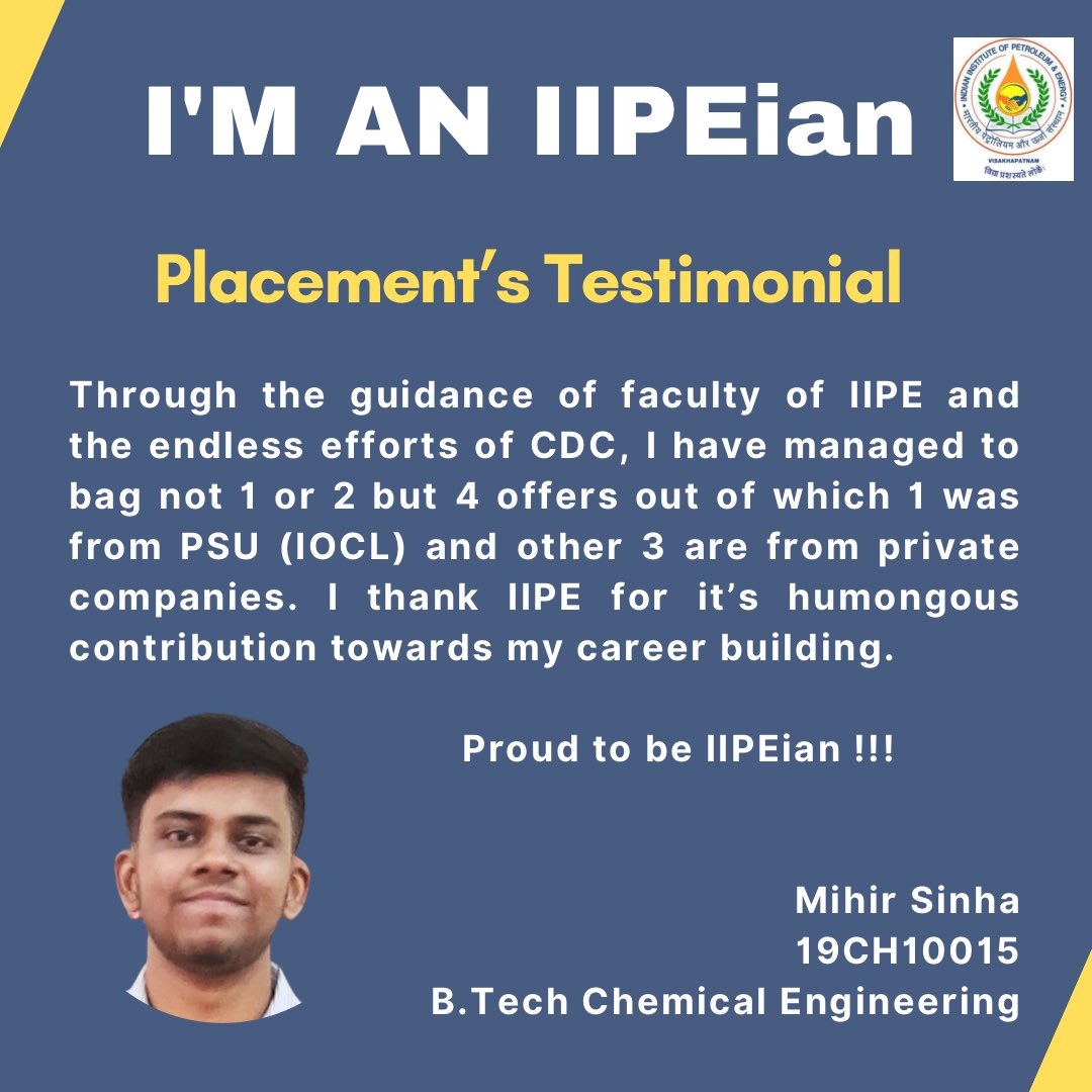 IIPE_vizag's tweet photo. 2023 Batch Placement’s Testimonial.
#iipe #iipeplacements #mopng #mnre #iit #iitjeeadvanced #2023campusplacements #pmo #oilandgas #chemicalindustry https://t.co/uDHB5WF0LR