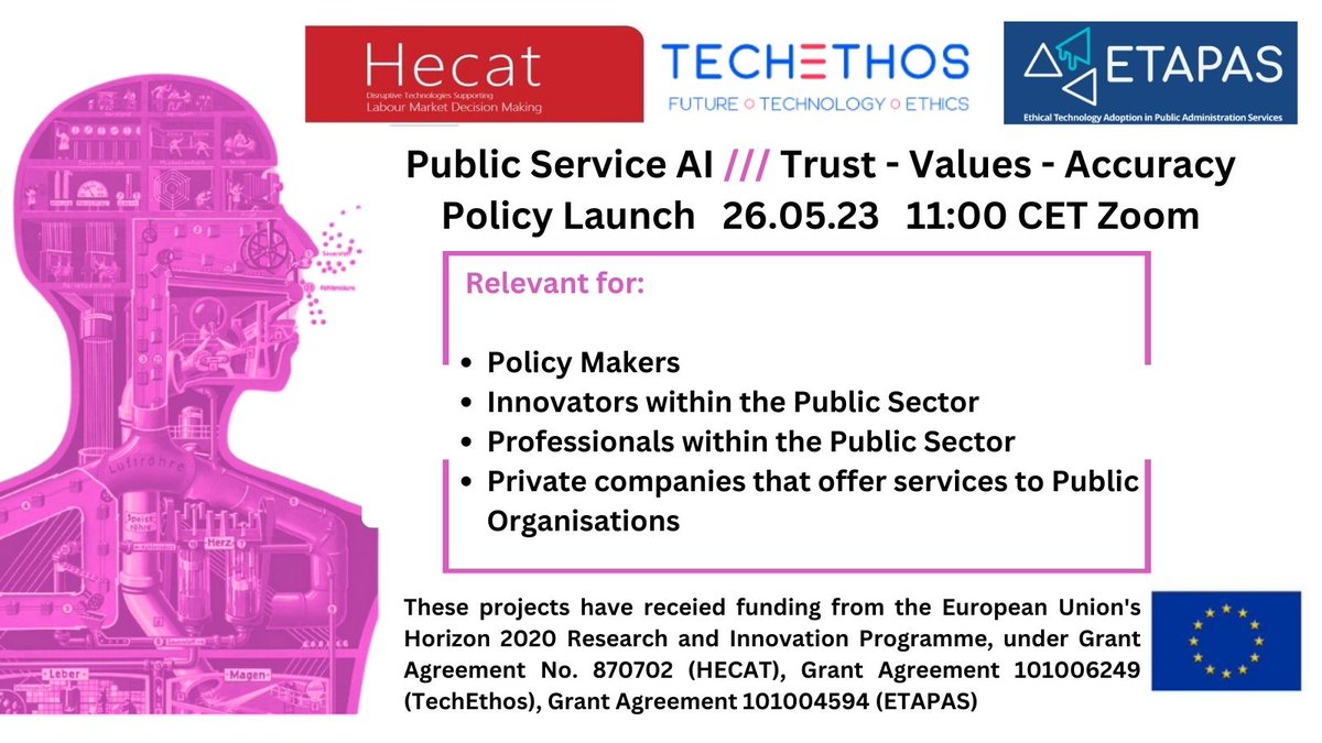 ajordanresearch's tweet photo. Policy Launch: "Public Service AI /// Trust - Values – Accuracy” 📅 26 May 2023, 11:00 CET📍Zoom
🇪🇺 3 #H2020 EU Projects will launch Policy Briefs: HECAT @SoUnemployment, @ETAPAS_EU + @TechEthosEU
💻Register https://t.co/1GbNgAScPq
More: https://t.co/wDEYSHnaNs #PublicServiceAI https://t.co/GndgZc0Obi