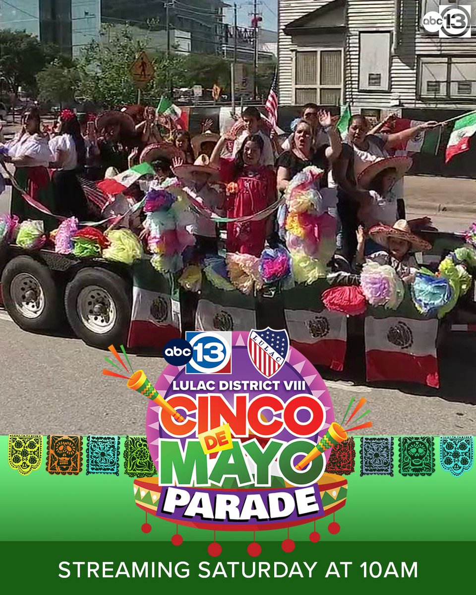 ABC13 Houston (@abc13houston) on Twitter photo Join <a href="/MayraABC13/">Mayra Moreno ABC13</a>, <a href="/RitaABC13/">Rita Garcia</a> and <a href="/ErikABC13/">Erik Barajas</a> this Saturday at 10am for the ultimate Cinco de Mayo celebration! 🎉Don't miss the colorful parade with amazing floats, traditional music, and dance performances. Join <a href="/MayraABC13/">Mayra Moreno ABC13</a>, <a href="/RitaABC13/">Rita Garcia</a> and <a href="/ErikABC13/">Erik Barajas</a> this Saturday at 10am for the ultimate Cinco de Mayo celebration! 🎉Don't miss the colorful parade with amazing floats, traditional music, and dance performances.