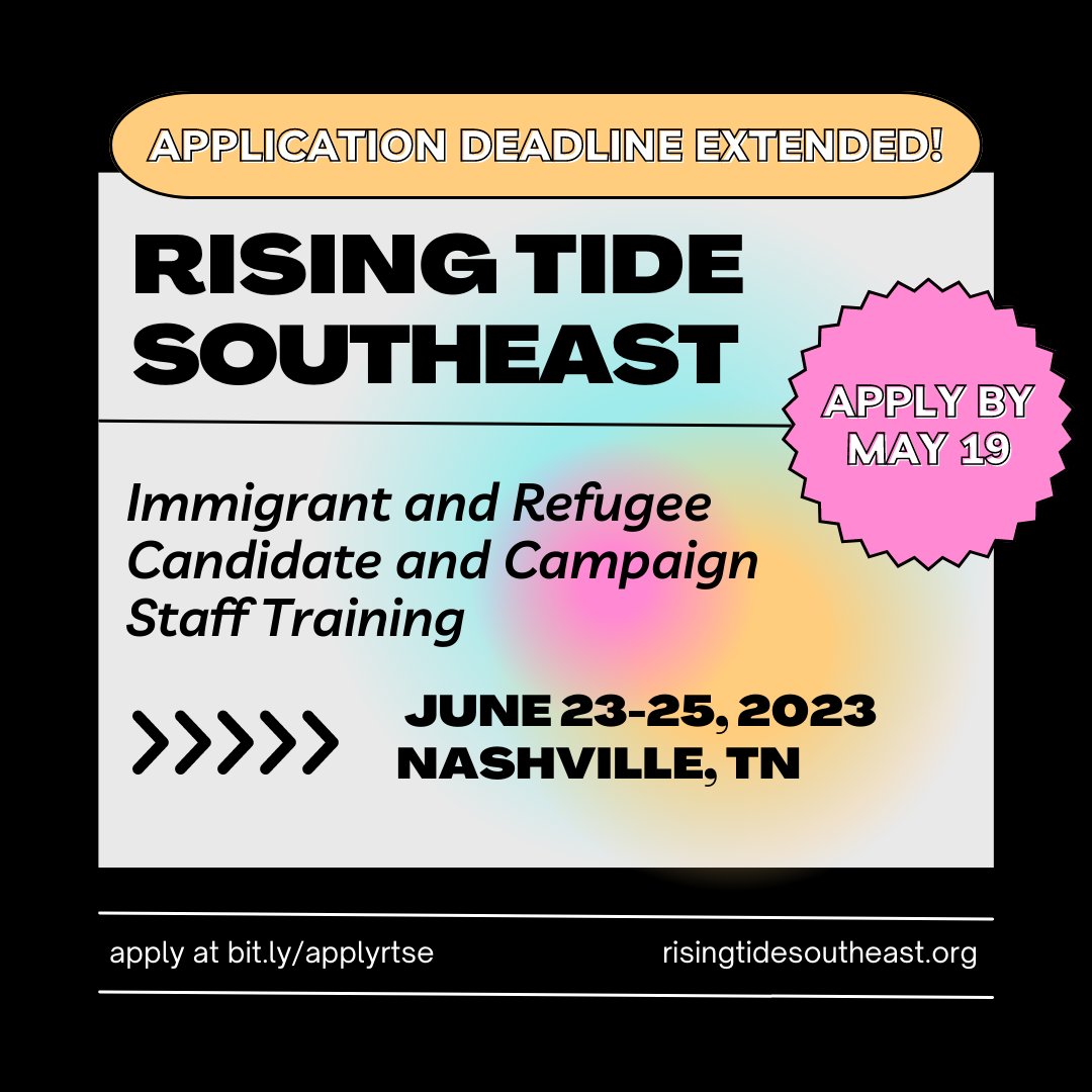 AsianAAF's tweet photo. We’ve extended our Rising Tide Southeast training program application deadline to May 19th at 11:59pm EST. 

Don't miss your chance to take a step towards running for public office. Submit an application  at https://t.co/gzkBo2vQdM

#RisingTideSoutheast #WeBuildPower #RTSE2023 https://t.co/GZLdPSyths