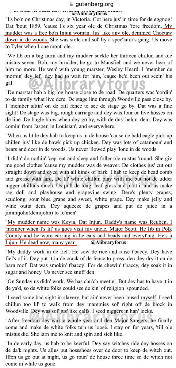 ALibraryForUs's tweet photo. “My mudder name was Keyia. Dat Injun. Daddy's name was Reuben. I 'member when I's lil' us goes visit my uncle, Major Scott. He lib in Polk County and he wore earring in he ears and beads and everyt'ing. He's a Injun. He dead now, many year.” #Alibraryforus https://t.co/SoST3gUdIc