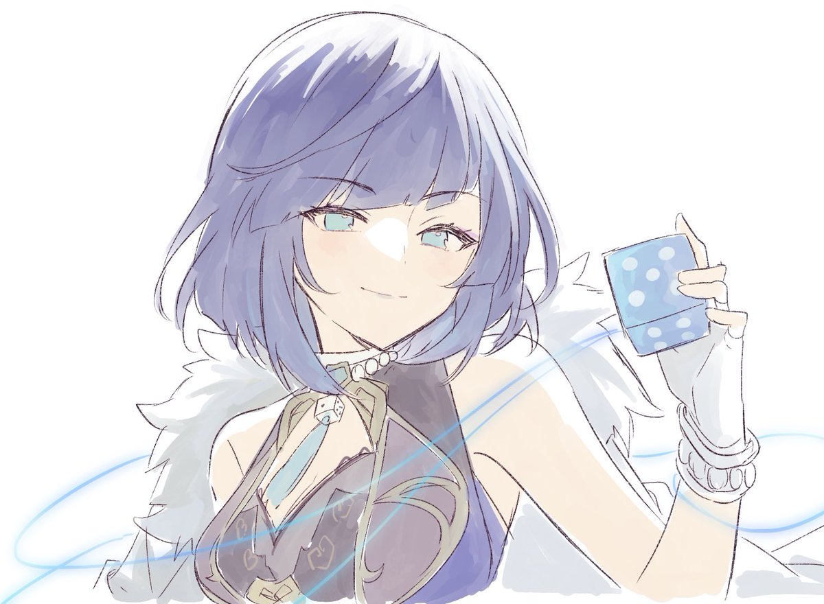 yelan (genshin impact) 1girl dice solo gloves white background bangs blue hair  illustration images