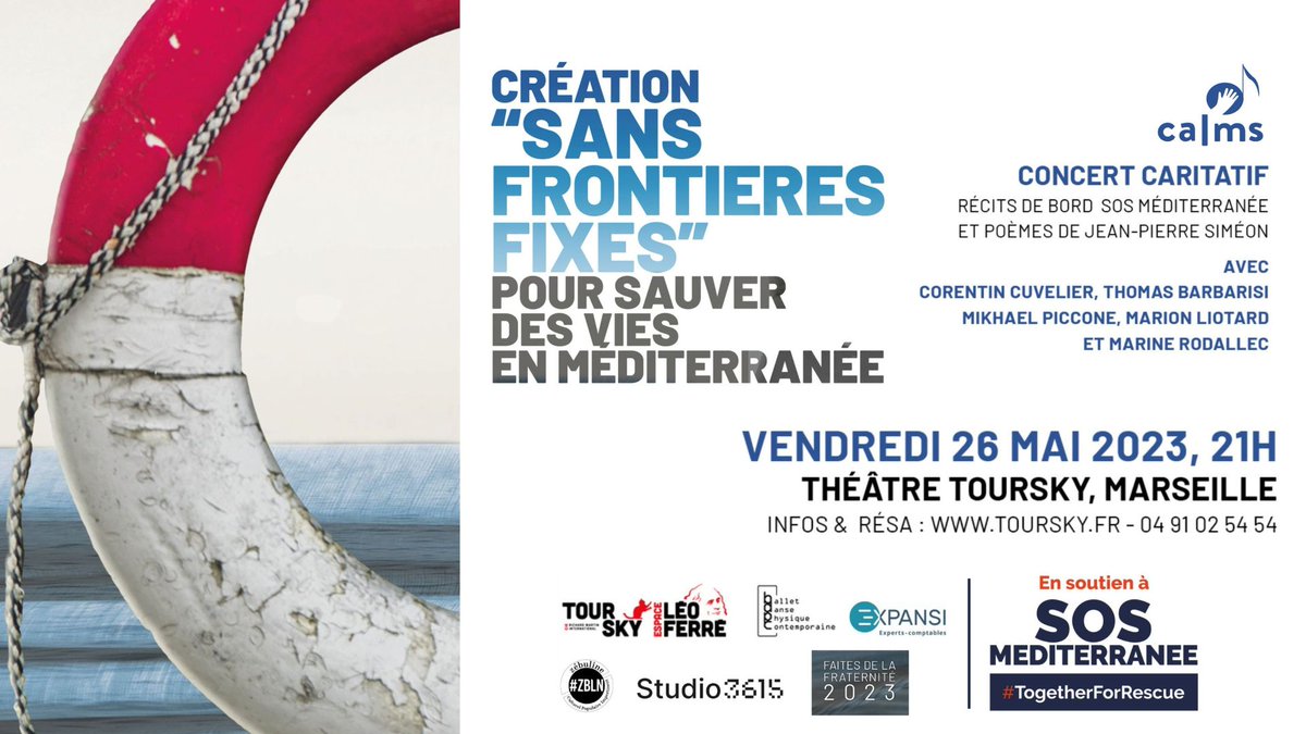 📆Le 26 mai à #Marseille, rendez-vous au <a href="/theatre_toursky/">Théâtre Toursky</a> pour "Sans frontières fixes", première création du <a href="/CALMS13133212/">Le CALMS</a> en soutien à <a href="/SOSMedFrance/">SOS MEDITERRANEE France</a> ! Et partout en France, embarquez au cœur de notre mission grâce aux événements près de chez vous👇sosmediterranee.fr/evenements/