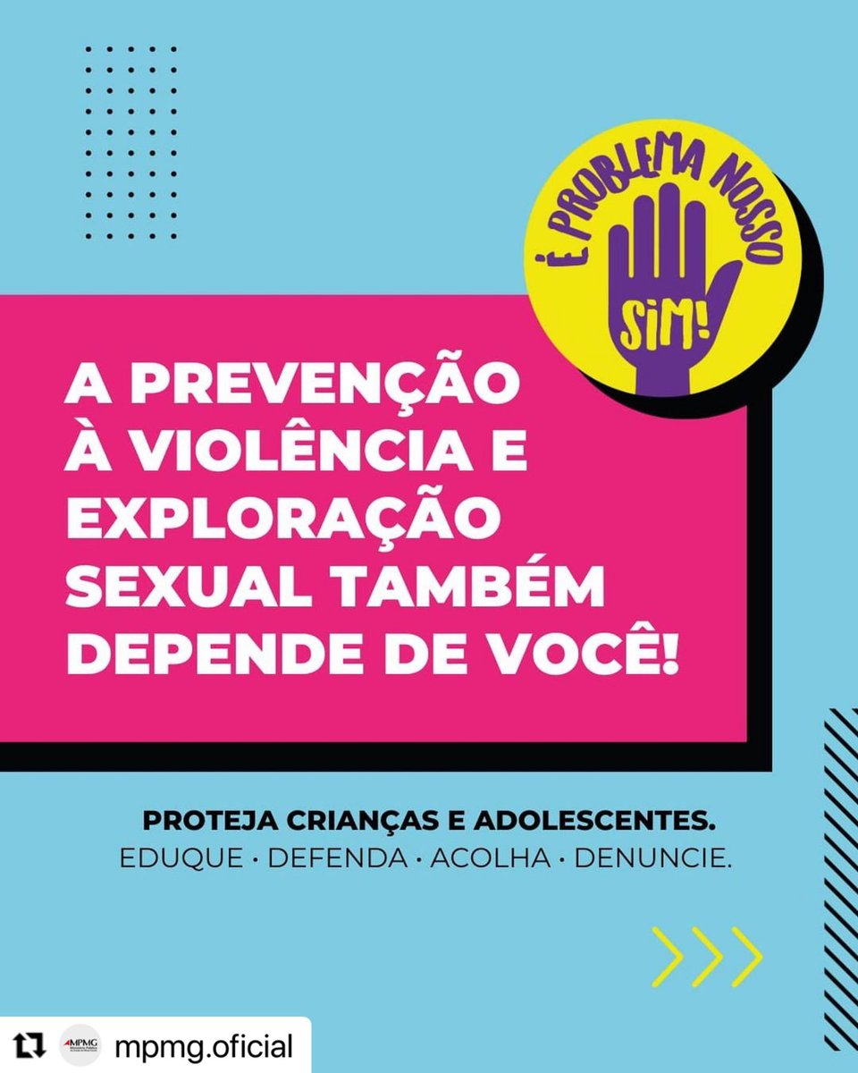 mauro_ellovitch's tweet image. O Ministério Público se une
à Campanha Nacional de Prevenção à Violência Sexual contra Crianças e Adolescentes. A exploração sexual infanto-juvenil é problema de todos e deve ser enfrentado com prioridade
#MPMG #ÉProblemaNossoSim #MinisterioPublico