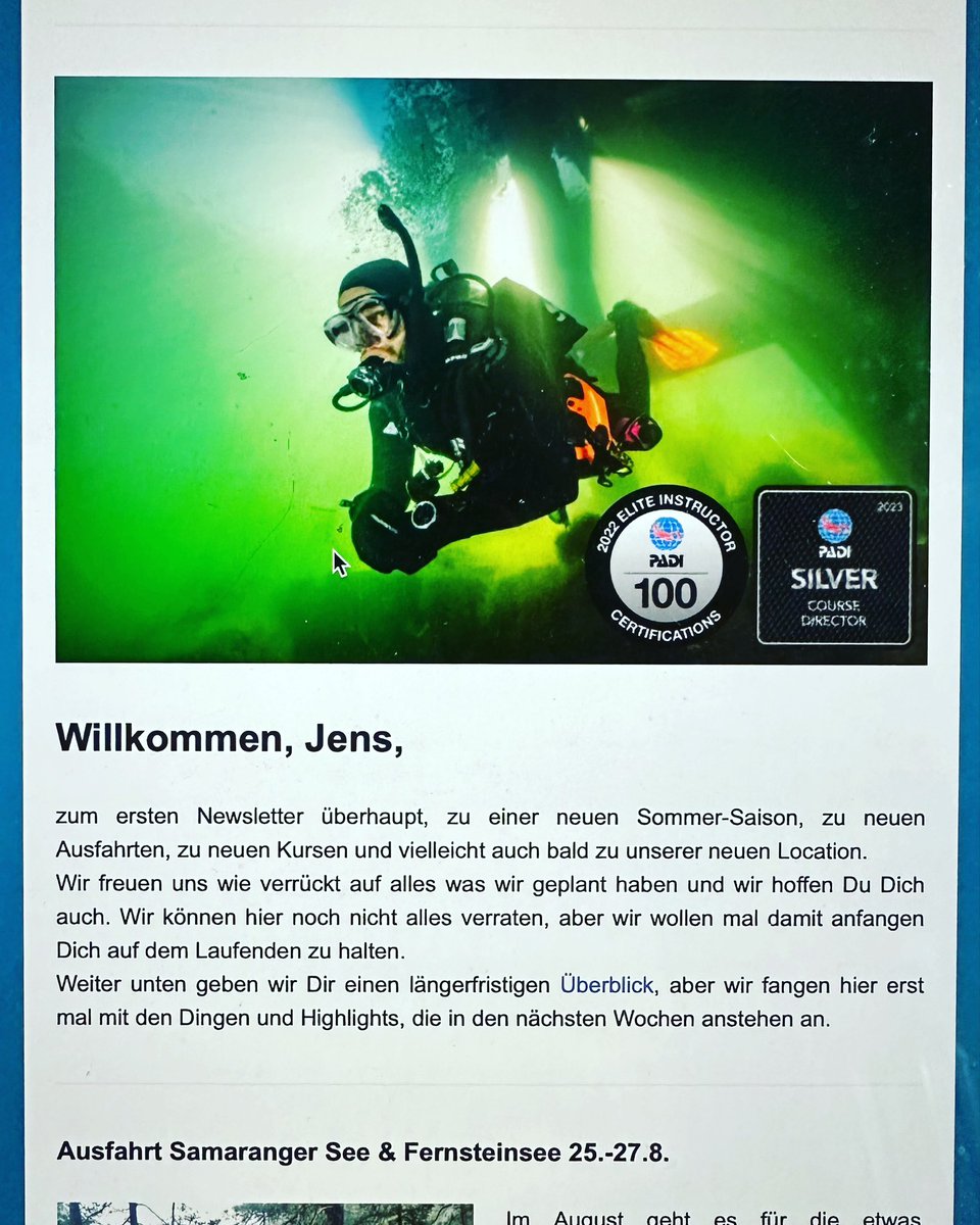 Gestern endlich den ersten Newsletter 📬 verschickt… Ist bei Dir nicht angekommen? Vielleicht gar nicht abonniert?
➡️ auf der Homepage kurz warten auf das Popup und email eintragen. 
➡️ SMS mit DIVEXELLENCE schicken an 0177-1783080 
➡️ oder direkt hier: bit.ly/3CtDRTF