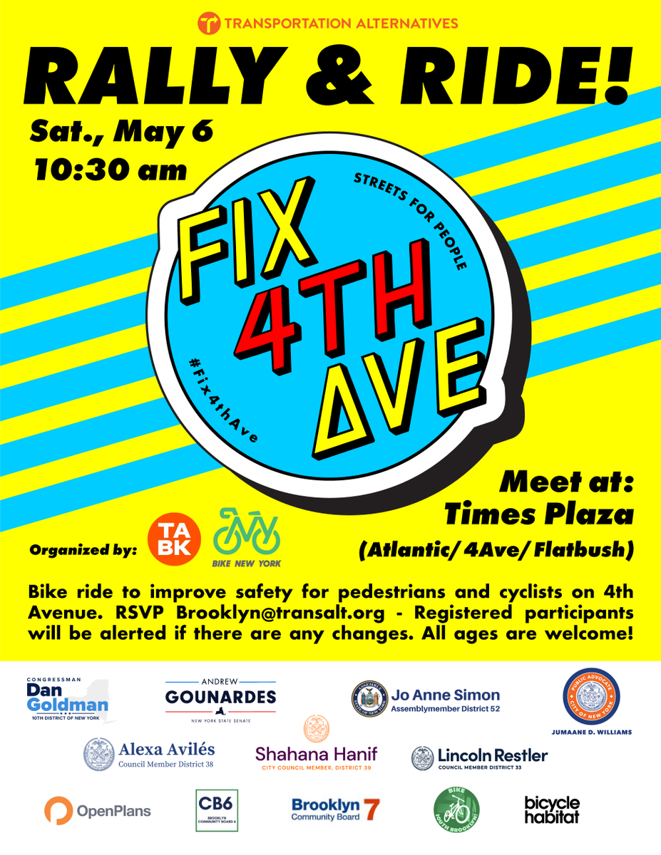 TransAlt's tweet photo. 🚲 Rally &amp; Ride to Fix Fourth Avenue

Join @TransAltBK + @bikenewyork + more to call on NYC to fix Fourth Avenue now by taking action to prevent drivers of cars and trucks from endangering the bike riders who use it.

Meet at Times Plaza at 10:30! https://t.co/BWzGeahbUi