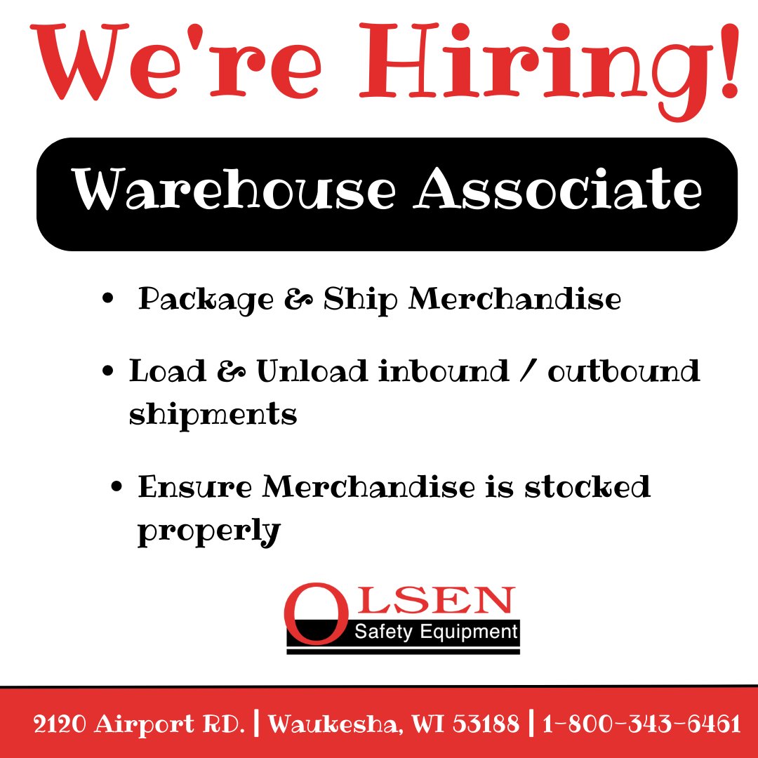 WE'RE HIRING!

Job details here -> indeed.com/.../Olsen-Safe…...

info@olsensafety.com | 1-800-343-6461
#WarehouseManagement #Hiring #Recruiting  #NewPosition #SmallBusiness #Shipping  #InventoryManagement #JobOpportunity #Distributor #SafetySupplies #PPE #OlsenSafety