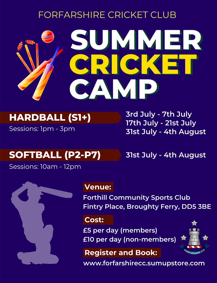 Book places now on <a href="/the_forfs/">Forfarshire CC</a> summer cricket camps!! 🏏☀️ These camps are a great way to get extra practice over the holidays or an introduction to the sport. Book at forfarshirecc.sumupstore.com