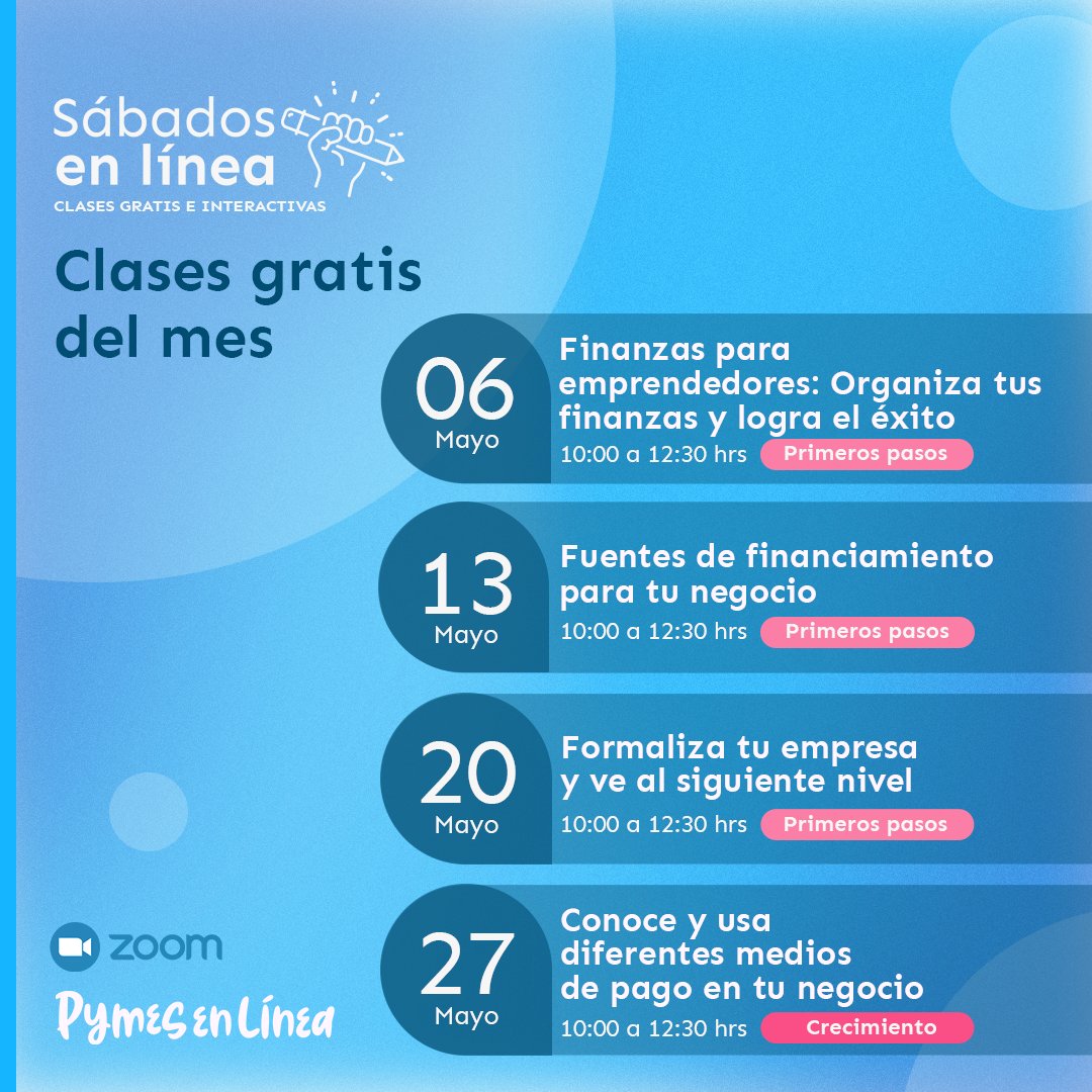 ¡Mayo ha llegado! Y las clases interactivas de #PymesEnLínea siguen en marcha para que puedas impulsar tu proyecto al siguiente nivel 🙌🏻 💡

¡Te esperamos! Inscríbete en bit.ly/3U0kclR y nos vemos en estos #SábadosEnLínea