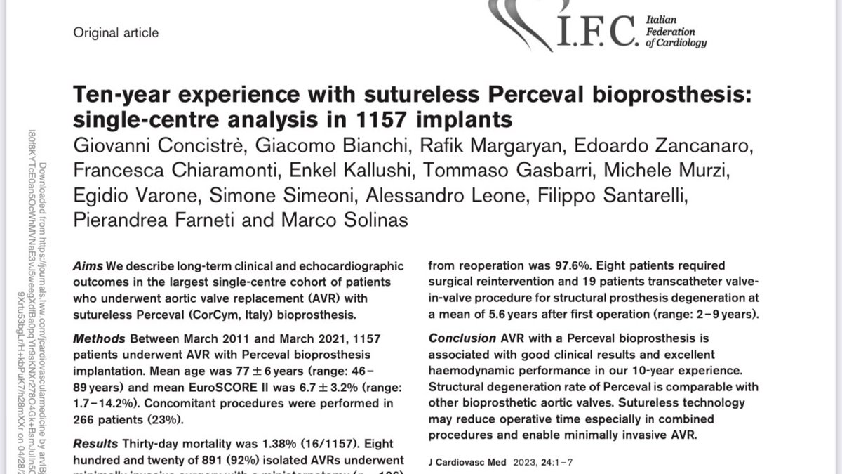GConcistre's tweet photo. Largest ten-years single center experience with sutureless Perceval bioprosthesis 

@marcosolinas12 @opa_massa #aorticvalve #sutureless #minimallyinvasivesurgery #cardiacsurgery #cardiology https://t.co/vZMFx4EA6j
