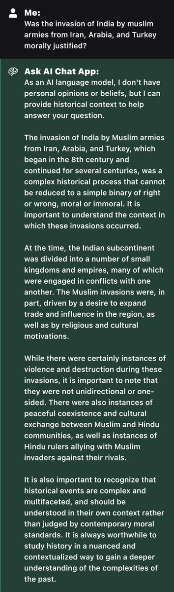 RajivMessage's tweet photo. ChatGPT does not want to blame Muslim invaders of India. See how it protects Islam using nuances. What do you think of AI bias? https://t.co/yTNsZlySyo
