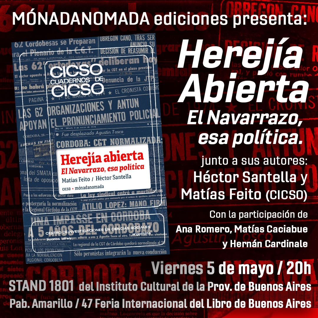 MatiasCac's tweet photo. Hoy voy a tener el orgullo de acompañar a los compañeros del #CICSO, Matias Feito y Héctor Santella, que presentan un gran libro sobre el #Navarrazo del 74', el hecho que anticipó en Córdoba las duras condiciones represivas que la dictadura del 76' impuso luego a todo el país. https://t.co/7l4KPFNKAR