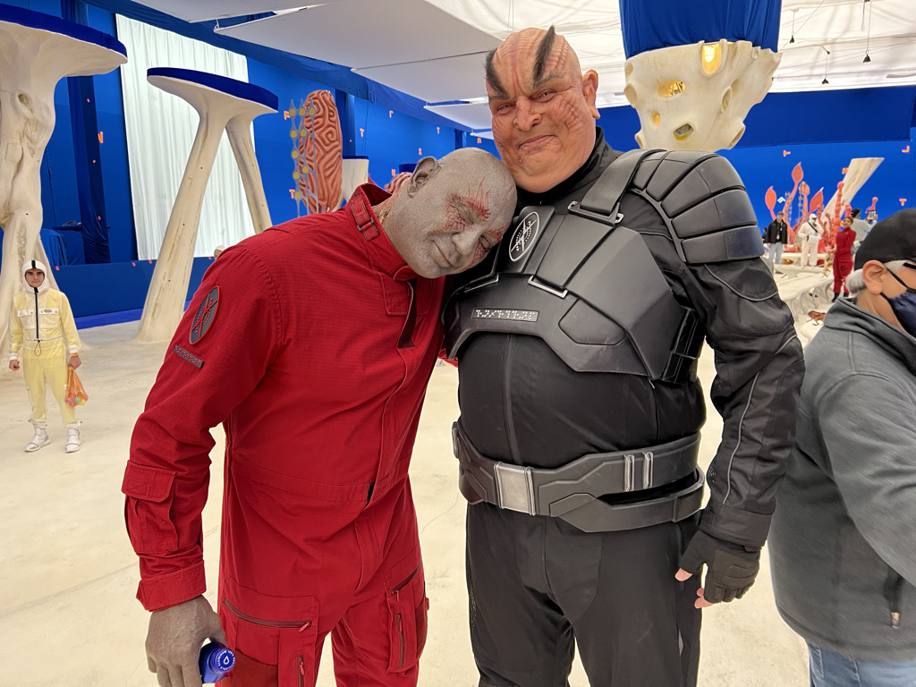 <a href="/JamesGunn/">James Gunn</a> Love is love. <a href="/DaveBautista/">ba✝️is✝️a</a> &amp; Ben Davis (<a href="/tooda/">life</a>) share a tender moment in-between takes in the Orgoscope park. - <a href="/JamesGunn/">James Gunn</a>