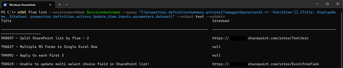 expiscornovus's tweet photo. Tried out the JMESPath query language today together with #M365CLI flow commands. This blog from @appieschot is very useful for that, https://t.co/XBqtzHCWfh
In this test I was trying to list all flows which use the Update item action (PatchItem) and which site they connect to. https://t.co/M7vFnuC7AQ