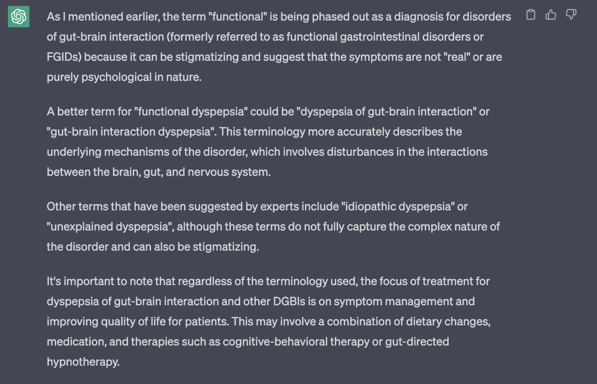 KewinSiah's tweet photo. I asked #ChatGPT what is a better word for "Functional" in Functional Dyspepsia........😅
#ChatGPT not so keen on "idiopathic"
#DDW2023 #herewithDDW #ROMEV @RomeFoundation @RomeGastroPsych https://t.co/1vNQiU2PuS