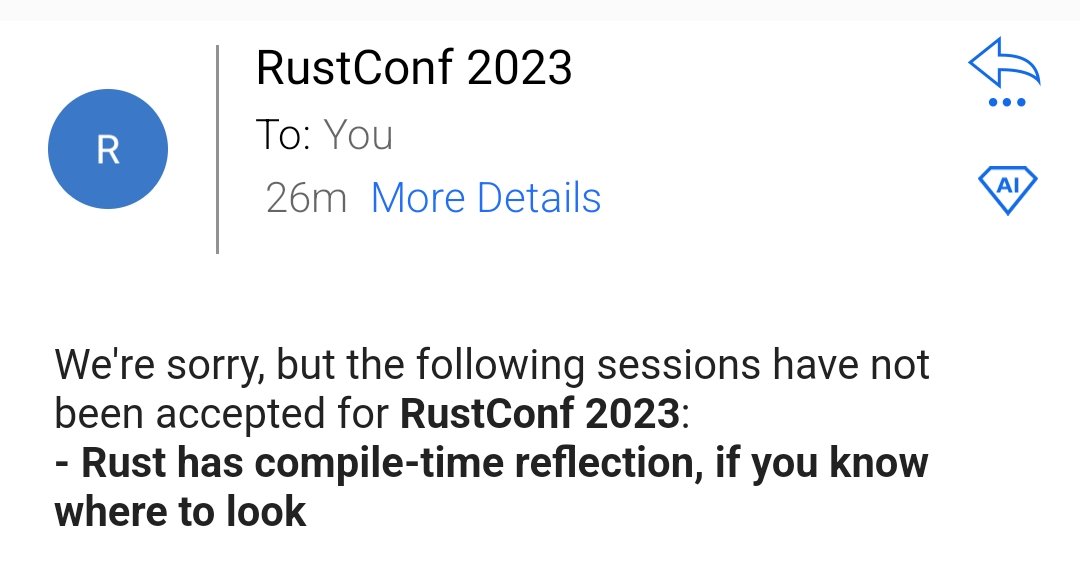 No RustConf for me this year 😞 Sharing as a reminder that most proposal do NOT get accepted, regardless of how much experience you have as a speaker. You just got to keep trying! What doesn't work for the audience/schedule of one conference might very well work for another!