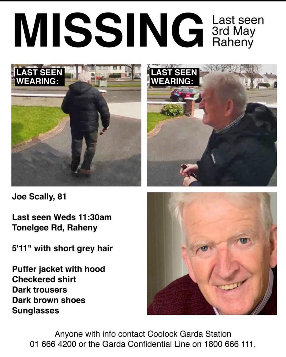 dublinladiesg's tweet photo. *Plz  SHARE*

Joe Scally is still missing!

Members of @StMonicasGAA club are currently out in groups searching the local area and beyond. 

Anyone in &amp; around Raheny, Kilbarrack, St Anne’s Park &amp; Clontarf areas are asked to keep an eye out for Joe. 

Coolock Gardaí 01-6664200. https://t.co/L9Q3COKS6f
