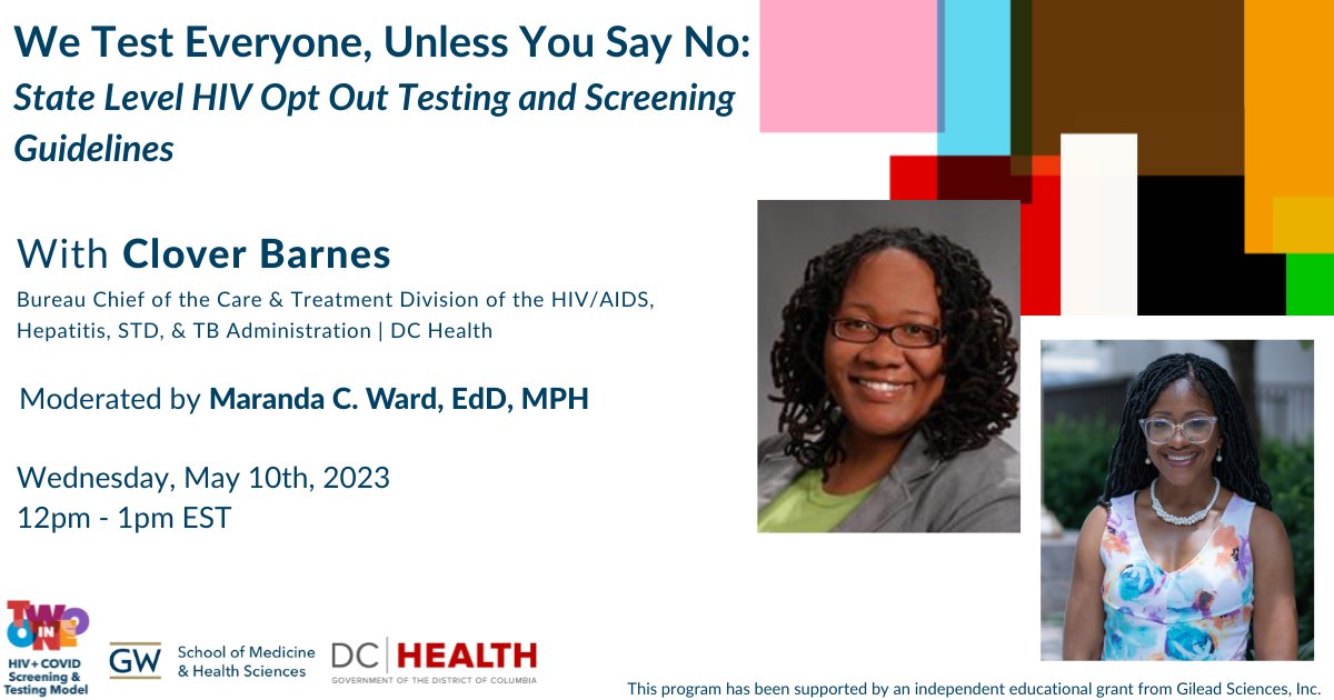GWSMHS's tweet image. Don't forget to register for the #GWSMHS #TwoinOne Model's free CME-bearing lecture by DC Health's Clover Barnes, moderated by Maranda Ward, EdD, MPH, on May 10 from noon to 1 p.m. Learn more and register now: bit.ly/4269Cx7 #gileadlife