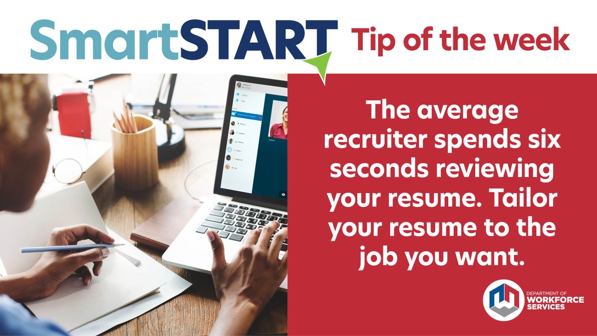 JobsUT's tweet photo. Smart Start tip of the week: The average recruiter spends only six seconds viewing your resume. Make it count by tailoring your resume to the job you want. Find more tips and tricks in the Smart Start guide. https://t.co/HZhmOx8zGb #JobSearch #UtahJobs #ResumeHelp #SmartStartTips https://t.co/xRyXbqGsAT