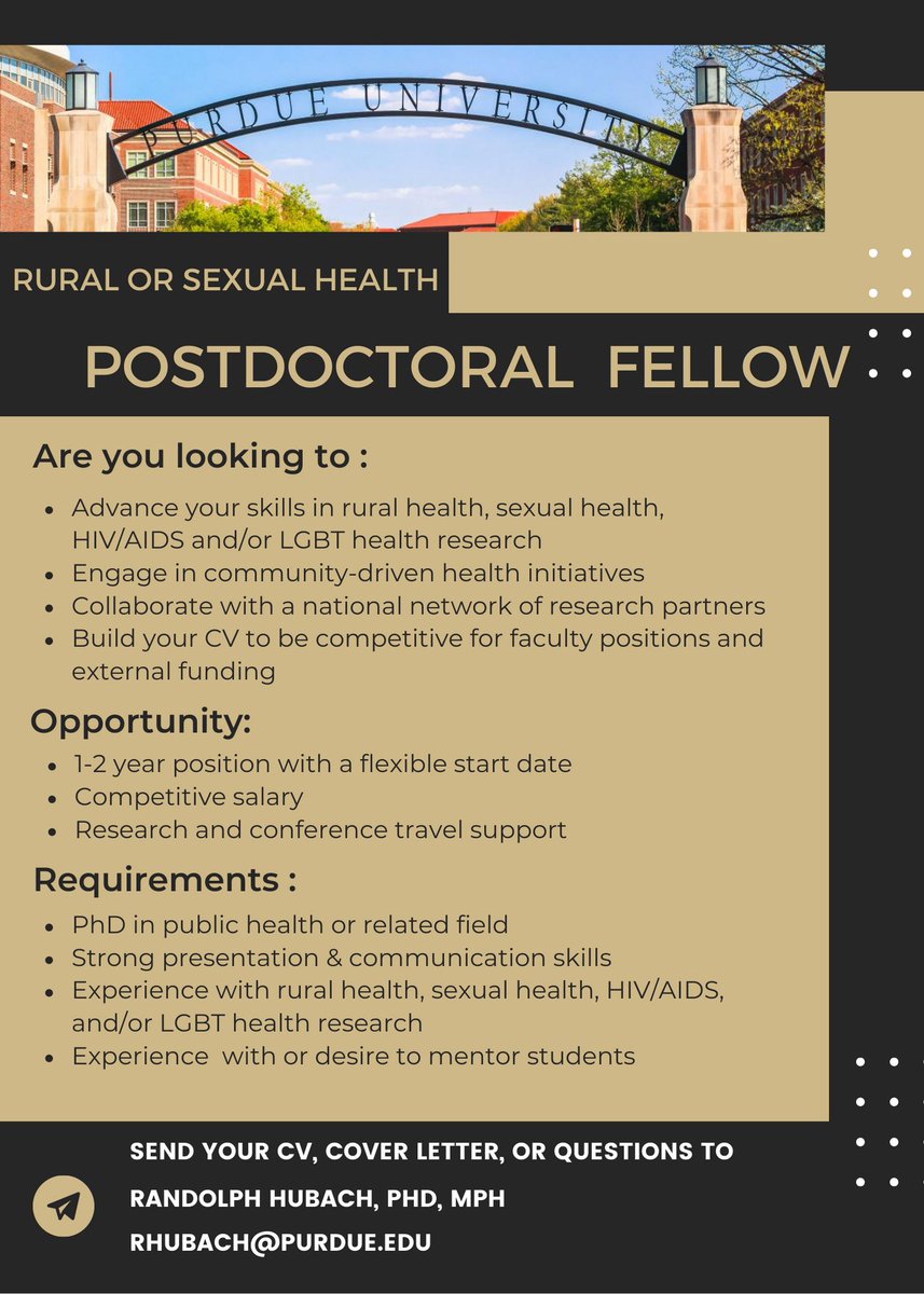 RDHubach's tweet photo. Postdoc opportunity! Our team is growing and we're looking to hire a postdoc with experience in rural health and/or sexual health research. Happy to answer questions.  Please share widely! #RuralHealth #LGBTHealth @APHA_HIV_AIDS @TeamRTTC @LGBTQHealthHub @LGBTQjc 
@rrh_journal https://t.co/0LAY1nwxZA