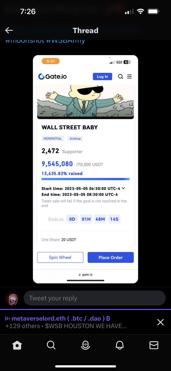 Ricky__Bobby1's tweet photo. @JakeGagain @WSB_BABY . Listed on @gate_io this morning w/ more exchange listing coming! ~5,200 holders &amp; ~17mkn MC https://t.co/h1Xm2RSocd