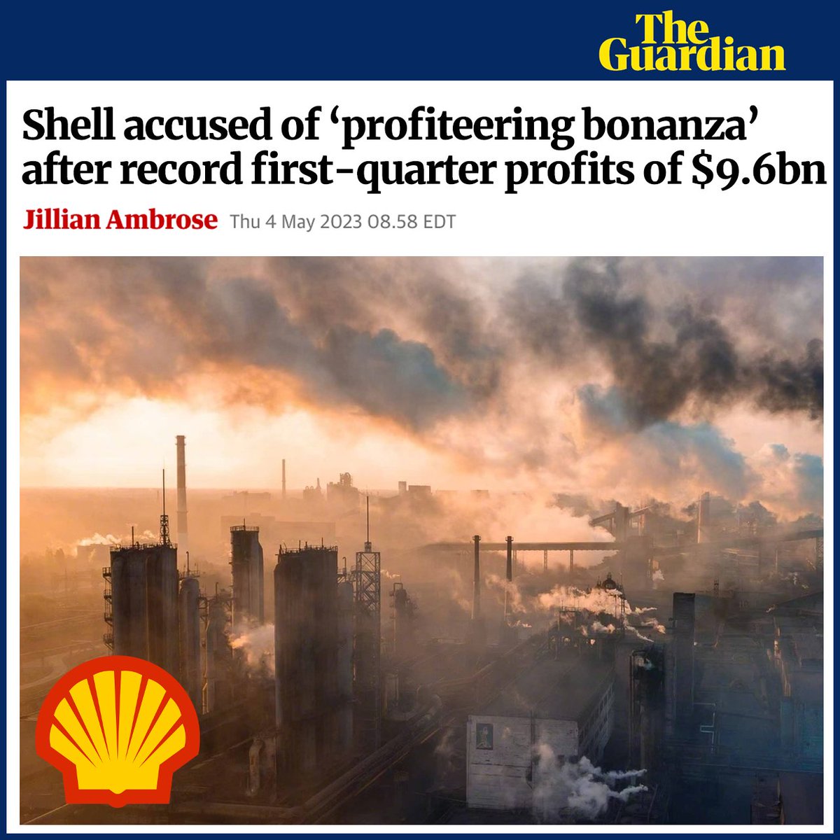 BREAKING: Shell just reported a record $10 billion quarterly profit as the oil industry continues to burn up the planet. These obscene profits should be taxed heavily to reimburse countries for damage caused by climate change.

This industry profits from the destruction of life.