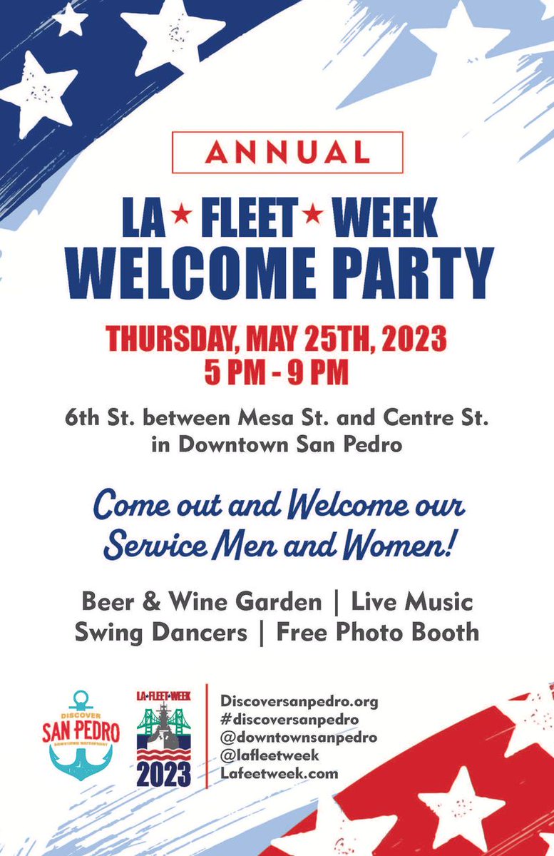 LAFleetWeek's tweet image. Happy Cinco de Mayo! Have fun today, but save the date for another great time:
@DowntwnSanPedro's annual WELCOME PARTY for #LAFleetWeek23 on THURSDAY, MAY 25th from 5-9 PM!
#LAFleetWeek23 #LAFleetWeek #LAFW23 #DowntownSanPedro #LAWaterfront #PortOfLosAngeles