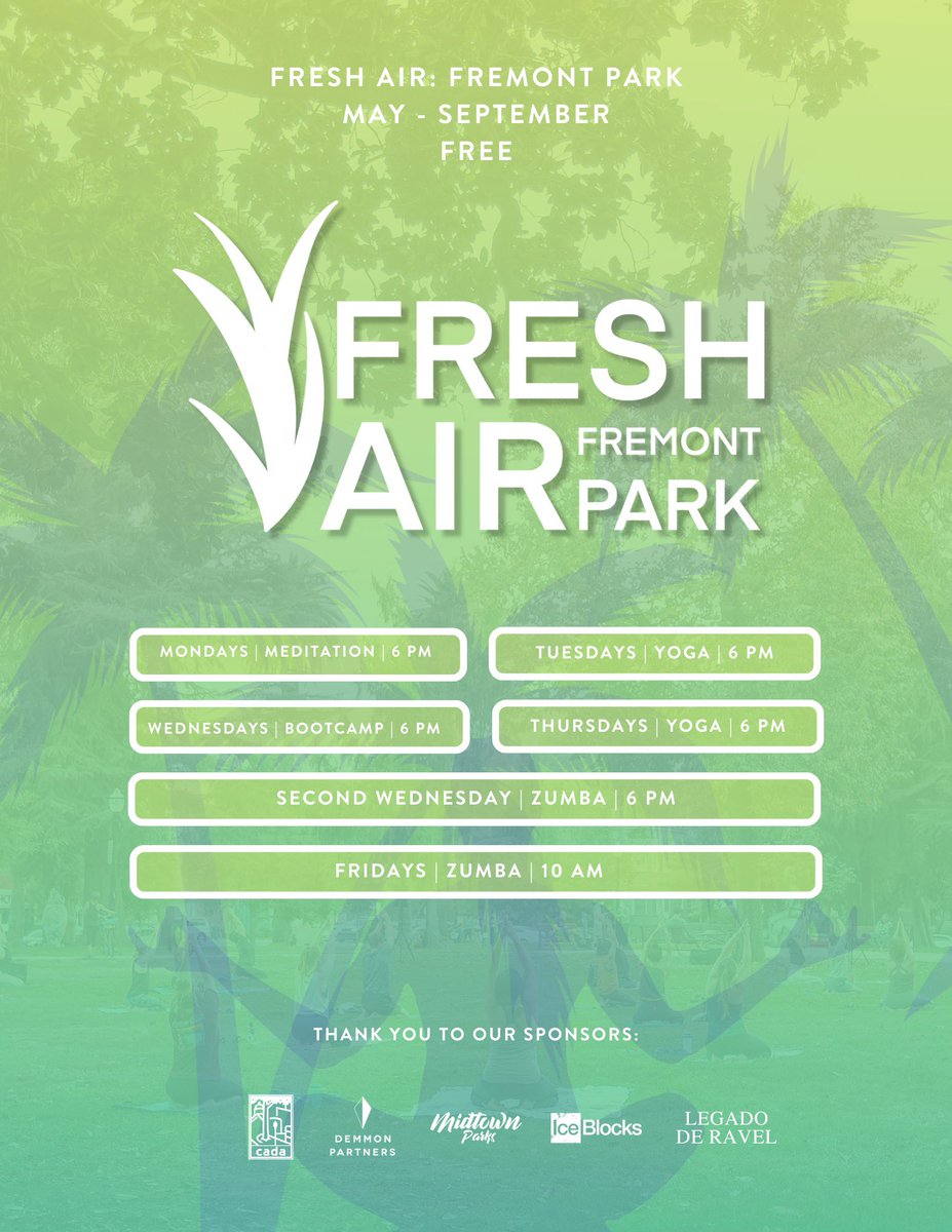 ArtsNatomas's tweet photo. Time for some FRESH AIR!! Weekdays at Fremont Park will be offering meditation Mondays, yoga Tuesdays &amp; Thursdays, bootcamp Wednesdays and Fridays we dance!! 💃🙌🌞🌳 https://t.co/ROMYxzrfrd